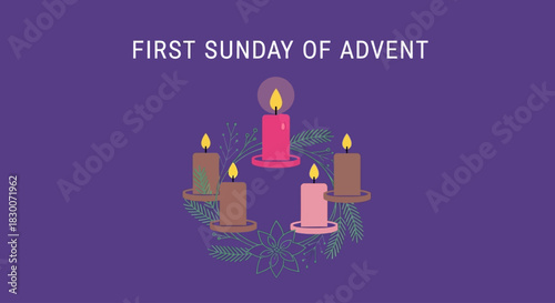 Celebrate the First Sunday of Advent with this warm and inviting wreath featuring lit candles, perfect for holiday greetings, church bulletins, and seasonal promotions