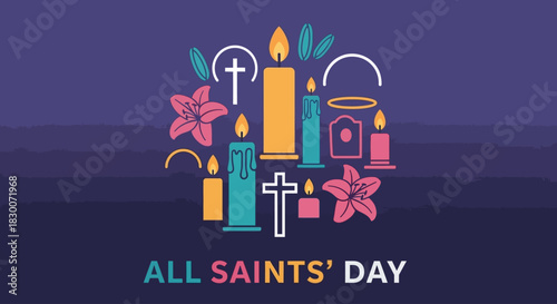 Celebrate All Saints' Day with this vibrant and colorful design featuring candles, crosses, and lilies, perfect for invitations, cards, and social media posts honoring the saints