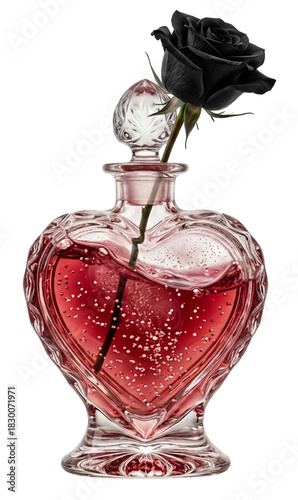Glass Perfume Heart with Black Rose, transparent background.