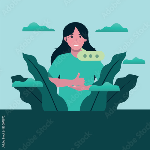 Flat vector illustration of a deaf girl using sign language for communication. Clean, modern artwork suitable for educational materials, accessibility campaigns, inclusive communication guides.