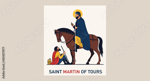 Inspiring depiction of Saint Martin of Tours sharing his cloak, perfect for religious education materials, celebrating compassion and charity, or illustrating historical Christian figures