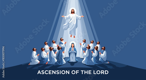 Illustrative scene of Jesus ascending into Heaven with Mary and the Apostles looking on in awe and reverence, divine light shining down, a visual depiction of faith and hope