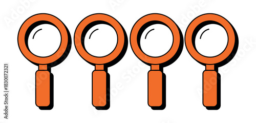 Four orange magnifying glasses in a row with black shadows on white background