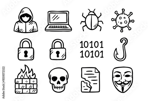 Hand-drawn doodle icons about hacking, data protection, and cybersecurity — stock vector.