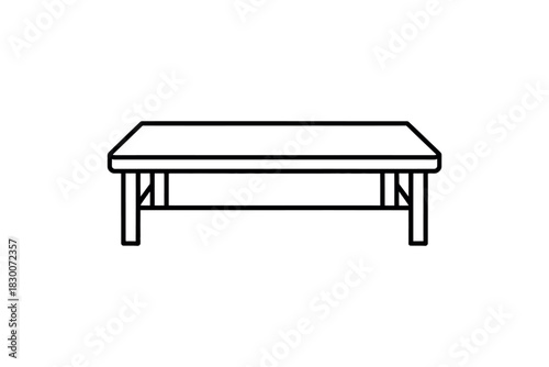 A simple line drawing of a rectangular table with four legs and support bar