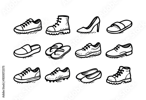 Hand-drawn doodle icons of various shoes and footwear types — stock vector.