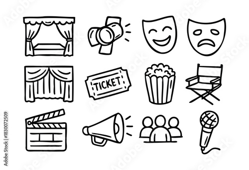 Hand-drawn doodle icons of theater, stage, and entertainment — stock vector.