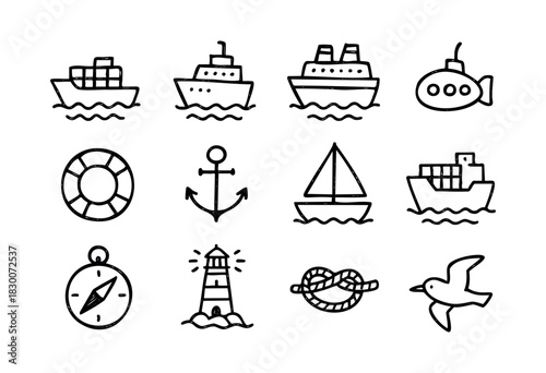 Hand-drawn doodle icons of ships, boats, and marine travel — stock vector.