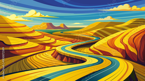 Very beautiful winding road passes colorful layered Yellow Mounds, showcasing vivid textures and sweeping open terrain beneath a clear Midwestern sky.