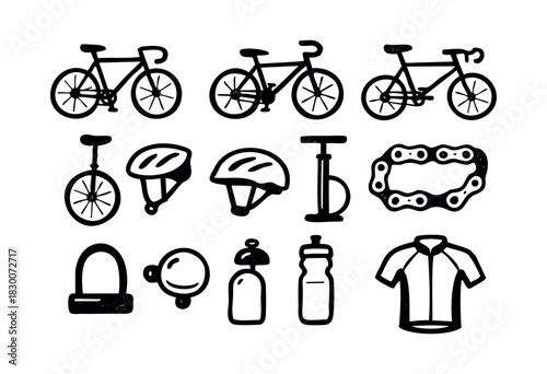 Hand-drawn doodle icons of bicycles, cycling gear, and accessories — stock vector.