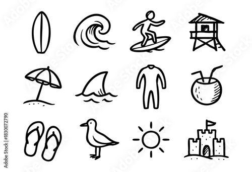 Hand-drawn doodle icons of surfing, sea, and summer vacation — stock vector.