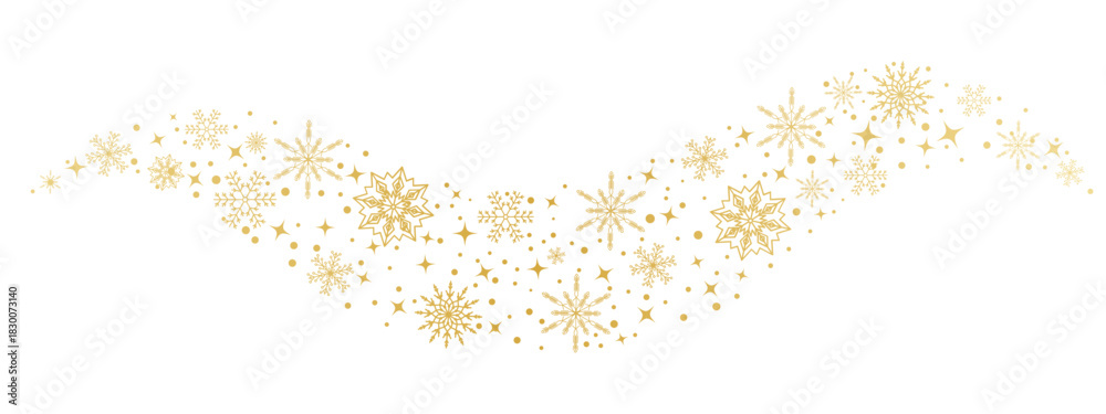 Naklejka premium Golden snowflake swirl border. Christmas wave ornament with stars and sparkling dots for holiday banners, invitations and winter decoration projects. Vector design.