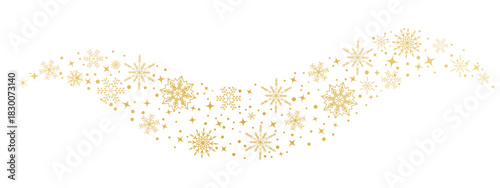 Golden snowflake swirl border. Christmas wave ornament with stars and sparkling dots for holiday banners, invitations and winter decoration projects. Vector design.