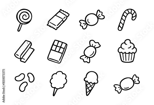 Hand-drawn doodle icons of candies, desserts, and sweet treats — stock vector.