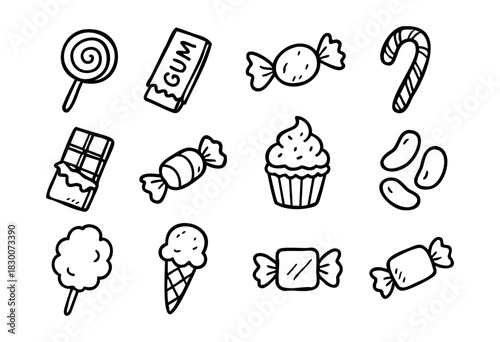Hand-drawn doodle icons of candies, desserts, and sweet treats — stock vector.