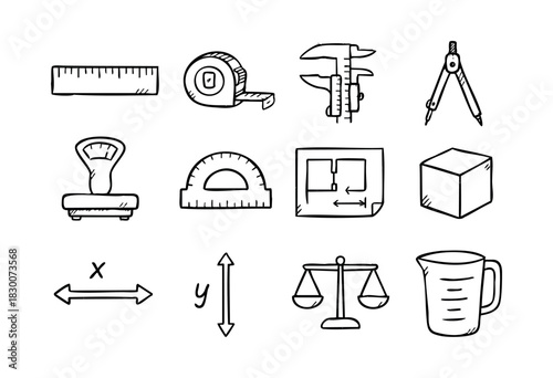 Hand-drawn doodle icons of measuring tools, scales, and geometry — stock vector.