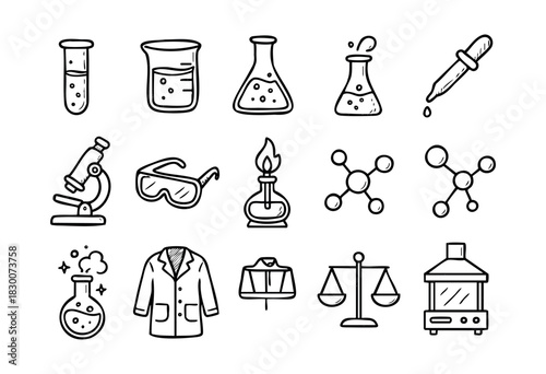 Hand-drawn doodle icons of chemistry lab tools and science — stock vector.
