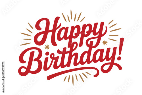 A happy birthday graphic with red text and gold accents on a white background
