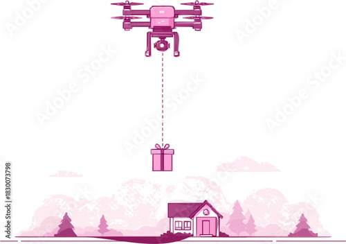 Aerial Delivery: Drone in Flight over a House, Parcel in Tow