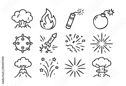 Hand-drawn doodle icons of explosions, fire, and energy bursts — stock vector.