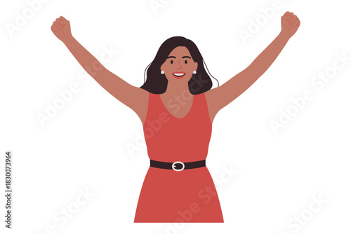 Woman in red dress with arms raised in celebration on a white background