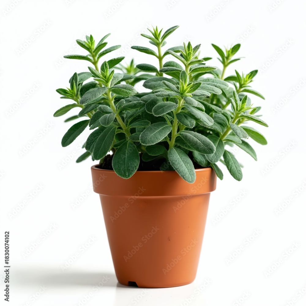 Fototapeta premium Potted sage plant stands on clean white surface. Green sage herbs grow in terracotta pot. Fresh spice plant for cooking and decoration in minimalistic style. Aromatic sage is ready to use.