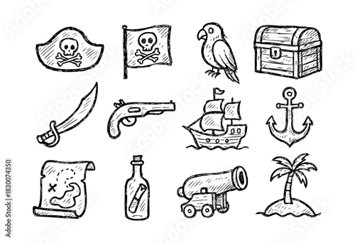 Hand-drawn doodle icons of pirates, ships, and treasure maps — stock vector.