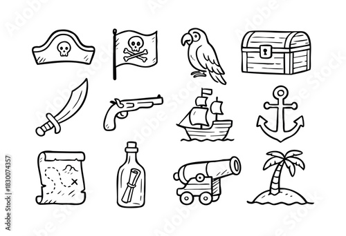Hand-drawn doodle icons of pirates, ships, and treasure maps — stock vector.