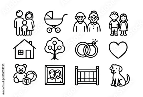 Hand-drawn doodle icons of family, love, and home — stock vector.