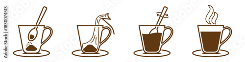 Process of prepare a finished drink from granulated coffee or tea. Instant preparation instructions for packaging. Linear icons of a kettle, cup, and teaspoon isolated on a transparent background.