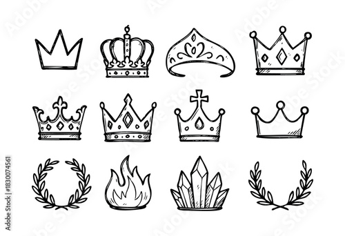Hand-drawn doodle icons of crowns, laurels, and royal symbols — stock vector.