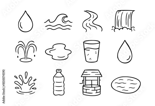 Hand-drawn doodle icons of water drops, rivers, and fountains — stock vector.