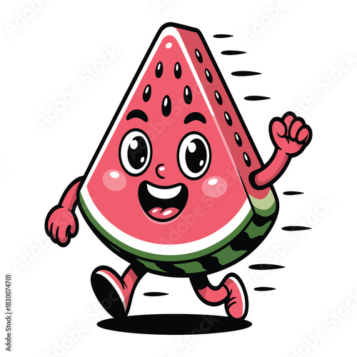 A cheerful cartoon slice of watermelon with a happy face and arms and legs is enthusiastically running forward with a sense of speed and motion