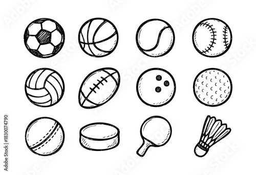 Hand-drawn doodle icons of sports balls and game equipment — stock vector.