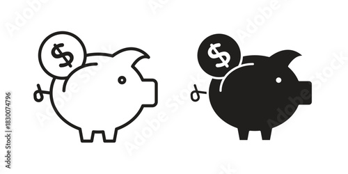 Piggy bank icon or logo pack. Vector Illustration Outline and flat