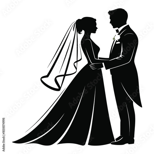 Elegant silhouette of a bride in a flowing gown and veil holding hands with a groom in a tuxedo symbolizing love and marriage
