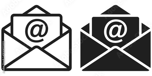Email concept vector icon, isolated transparent, open email address, newsletter sign, contact us symbol, black outline and filled version, digital communication icon, messaging vector illustration,