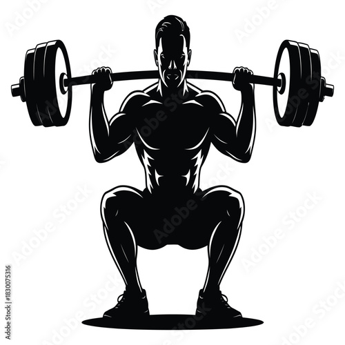 Silhouette of a muscular man performing a heavy barbell back squat exercise with perfect form in a gym setting demonstrating strength and dedication