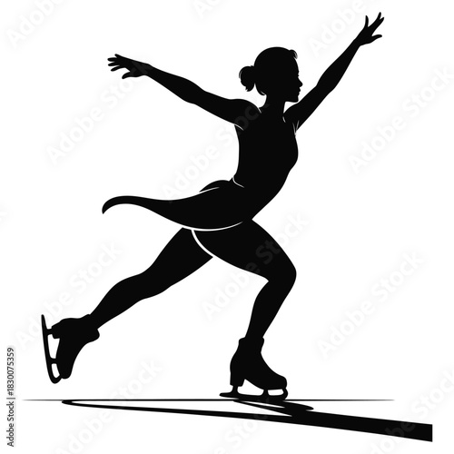 Silhouette of a graceful female figure skater performing an elegant jump or spin on the ice with arms outstretched and legs extended in a dynamic pose