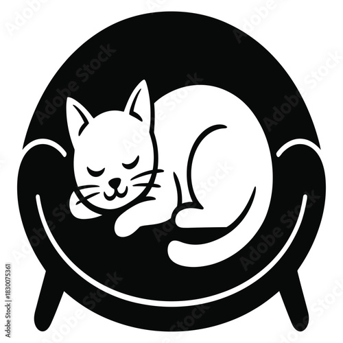 Charming minimalist illustration of a cute white cat peacefully sleeping curled up in a cozy black armchair or sofa perfect for pet themed designs