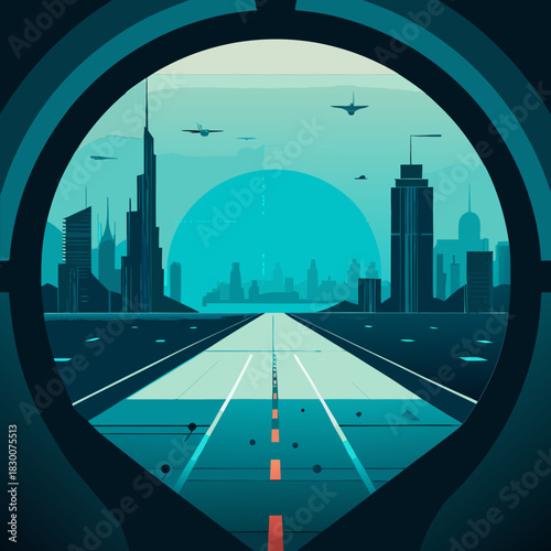 Futuristic cityscape with highway and flying vehicles silhouette isolated on white background isolated on transparent background