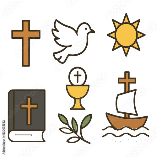 A collection of religious symbols including a cross dove sun bible chalice olive branch and a boat representing faith spirituality and christian iconography for religious concepts and themes