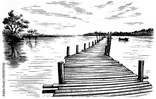 Vintage Engraving Wooden Pier on Lake, Scenic Landscape Line Art Illustration, Peaceful Nature Clipart, Rustic Artwork