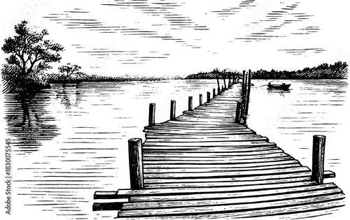 Vintage Engraving Wooden Pier on Lake, Scenic Landscape Line Art Illustration, Peaceful Nature Clipart, Rustic Artwork