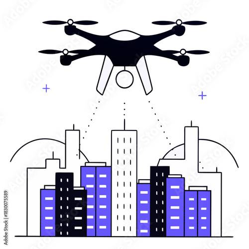 Drone delivering packages over a modern city skyline silhouette isolated on white background isolated on transparent background
