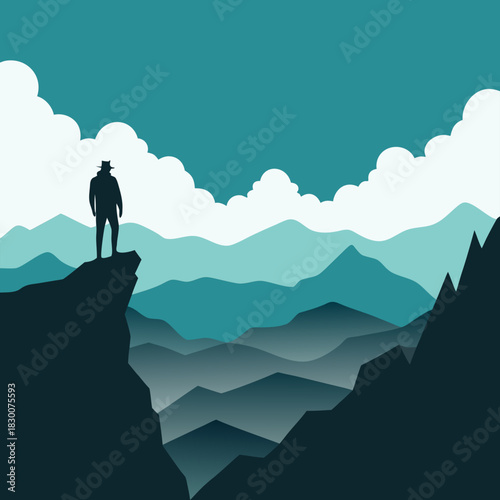 Man in hat standing on cliff edge overlooking mountain range silhouette isolated on white background isolated on transparent background