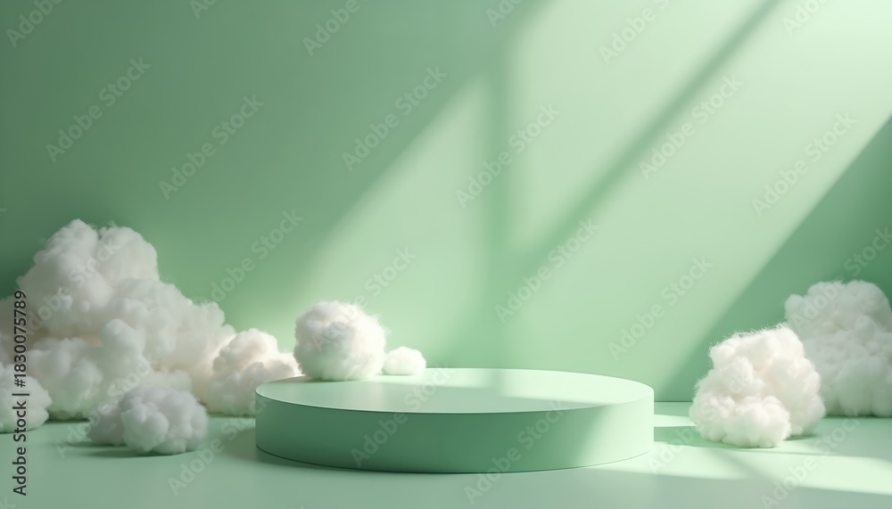 Fototapeta premium Green podium displays with soft clouds in minimalist pastel background. Minimalist composition for product presentation or mock-up. Clean studio scene with light shadow.