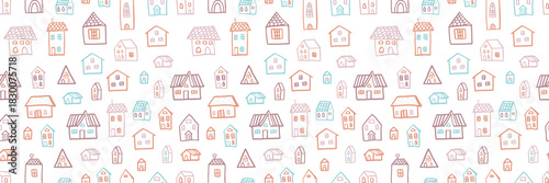 A seamless pattern of hand-drawn houses in soft pastel colors on a white background. Cute whimsical buildings create a playful, cozy village design ideal for wallpapers, textiles, childrens products