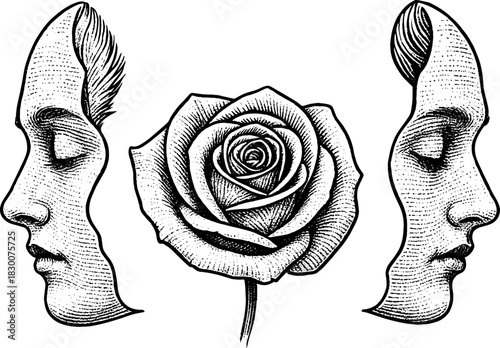 Surreal Engraving Twin Female Profiles with Rose, Symbolic Vintage Line Art Illustration, Emotional Artistic Clipart
