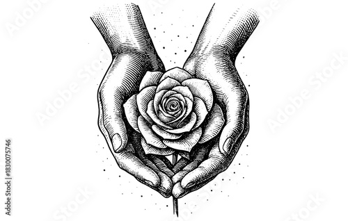 Vintage Engraving Hands Holding Rose, Symbolic Floral Line Art Illustration, Romantic Botanical Clipart, Emotional Design